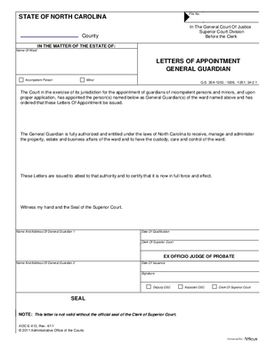Thumbnail of North Carolina Form Letters Of Appointment General Guardian