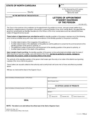 Thumbnail of North Carolina Form Letters Of Appointment Standby Guardian Of The Person
