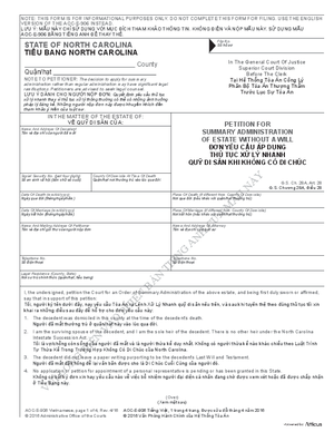 Thumbnail of North Carolina Form ĐơN Yêu Cầu ÁP Dụng Thủ Tục Xử Lý Nhanh Quỹ Di Sản Khi Không Có Di Chúc