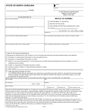 Thumbnail of North Carolina Form Notice Of Hearing Appointment Of Guardian/motion In The Cause/and Order Appointing Guardian Ad Litem/other