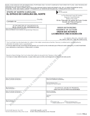 Thumbnail of North Carolina Form Orden Que Autoriza La Emisión De Una Designación