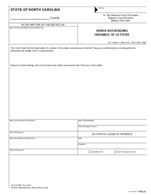 Thumbnail of North Carolina Form Order Authorizing Issuance Of Letters