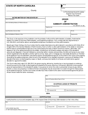 Thumbnail of North Carolina Form Order Of Summary Administration