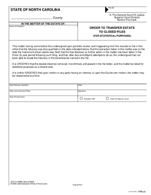 Thumbnail of North Carolina Form Order To Transfer Estate To Closed Files (For Statistical Purposes)