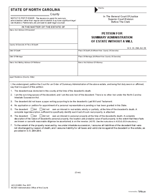 Thumbnail of North Carolina Form Petition For Summary Administration Of Estate Without A Will