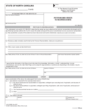 Thumbnail of North Carolina Form Petition And Order To Reopen Estate