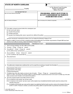 Thumbnail of North Carolina Form Provisional Order On Petition To Accept Guardianship On Transfer From Another State