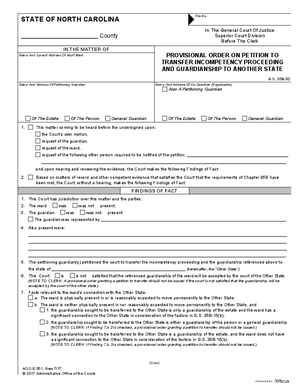 Thumbnail of North Carolina Form Provisional Order On Petition To Transfer Incompetency Proceeding And Guardianship To Another State