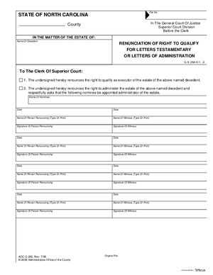 Thumbnail of North Carolina Form Renunciation Of Right To Qualify For Letters Testamentary Or Letters Of Administration