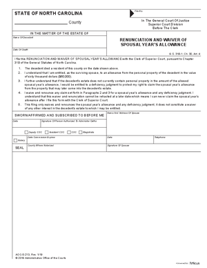 Thumbnail of North Carolina Form Renunciation And Waiver Of Spousal Year's Allowance