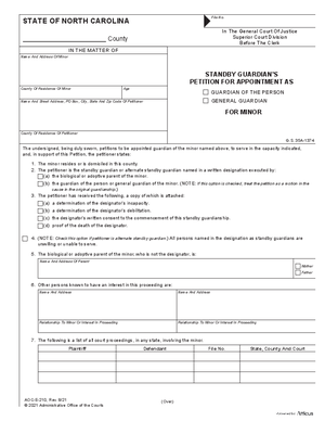 Thumbnail of North Carolina Form Standby Guardian's Petition For Appointment As Guardian Of The Person Or General Guardian For Minor