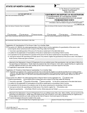 Thumbnail of North Carolina Form Statements In Support Of Registration Guardianship Of The Person Order/general Guardianship/protective Order* From Another State
