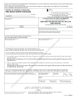 Thumbnail of North Carolina Form Trát Hầu Tòa ĐốI Với Thủ Tục Xử Lý Di Sản Thừa Kế