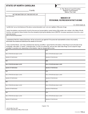 Thumbnail of North Carolina Form Waiver Of Personal Representative's Bond