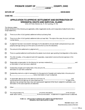 Thumbnail of Ohio Form Application To Approve Settlement And Distribution Of Wrongful Death And Survival Claims