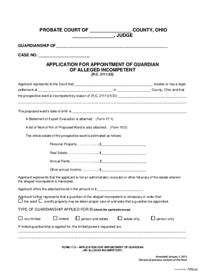 Thumbnail of Ohio Form Application For Appointment Of Guardian (An Alleged Incompetent)