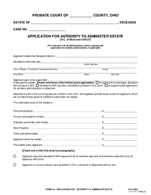 Thumbnail of Ohio Form Application For Authority To Administer Estate