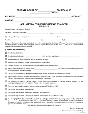 Thumbnail of Ohio Form Application For Certificate Of Transfer