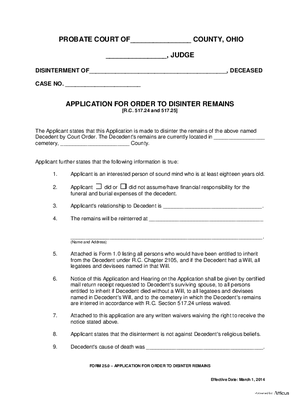 Thumbnail of Ohio Form Application For Order To Disinter Remains