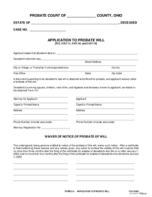 Thumbnail of Ohio Form Application To Probate Will