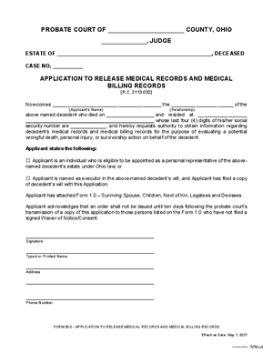 Thumbnail of Ohio Form Application To Release Medical Records And Medical Billing Records