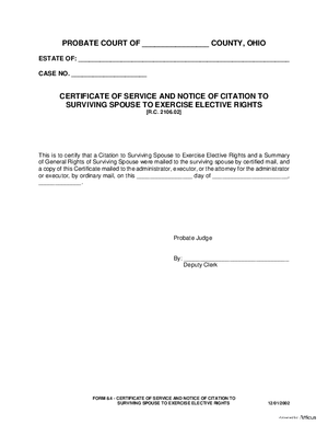 Thumbnail of Ohio Form Certificate Of Service And Notice Of Citation To Surviving Spouse To Exercise Elective Rights