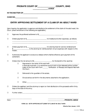 Thumbnail of Ohio Form Entry Approving Settlement Of A Claim Of An Adult Ward