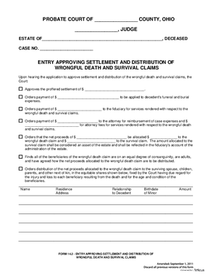 Thumbnail of Ohio Form Entry Approving Settlement And Distribution Of Wrongful Death And Survival Claims