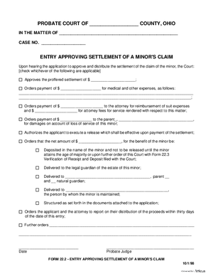Thumbnail of Ohio Form Entry Approving Settlement Of A Minor's Claim