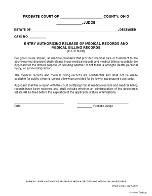 Thumbnail of Ohio Form Entry Authorizing Release Of Medical Records And Medical Billing Records