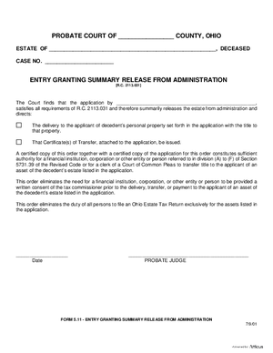 Thumbnail of Ohio Form Entry Granting Summary Release From Administration