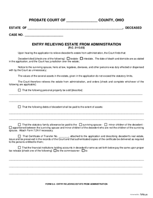 Thumbnail of Ohio Form Entry Relieving Estate From Administration