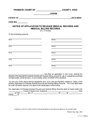 Thumbnail of Ohio Form Notice Of Application To Release Medical Records And Medical Billing Records