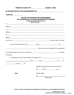 Thumbnail of Ohio Form Notice Of Hearing For Appointment Of Guardian Of Alleged Incompetent Person