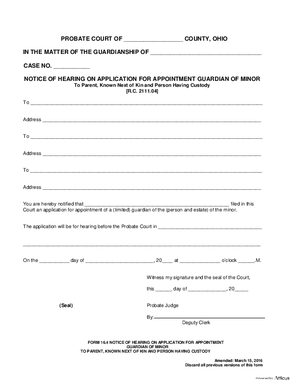 Thumbnail of Ohio Form Notice Of Hearing On Application For Appointment Guardian Of Minor To Parent, Known Next Of Kin And Person Having Custody
