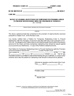 Thumbnail of Ohio Form Notice Of Hearing On Petition For Temporary Restraining Order To Prevent Interference With The Provision Of Services