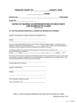 Thumbnail of Ohio Form Notice Of Hearing On Representation Of Insolvency And Schedule Of Claims