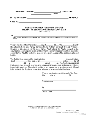 Thumbnail of Ohio Form Notice Of Petition For Court Ordered Protective Services On An Emergency Basis