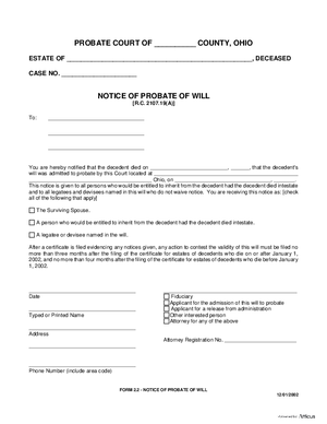 Thumbnail of Ohio Form Notice Of Probate Of Will