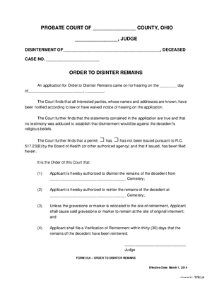 Thumbnail of Ohio Form Order To Disinter Remains