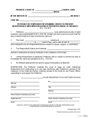 Thumbnail of Ohio Form Petition For Temporary Restraining Order To Prevent Interference With Investigation Of Reported Abuse Of An Adult