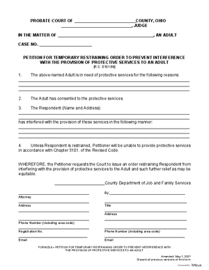 Thumbnail of Ohio Form Petition For Temporary Restraining Order To Prevent Interference With The Provision Of Protective Services To An Adult