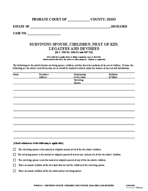Thumbnail of Ohio Form Surviving Spouse, Children, Next Of Kin, Legatees And Devisees