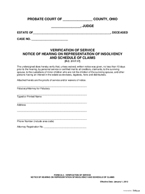 Thumbnail of Ohio Form Verification Of Service Notice Of Hearing On Representation Of Insolvency And Schedule Of Claims