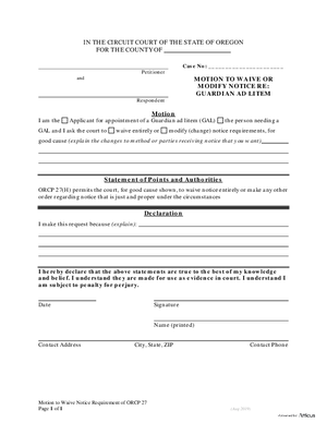 Thumbnail of Oregon Form Modification Of Notice Requirements For Guardian Ad Litem - Petitioner/plaintiff Vs Respondent/defendant