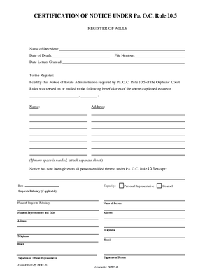 Thumbnail of Pennsylvania Form Certification Of Notice Under Pa. O.c. Rule 10.5 Eff 09 01 16