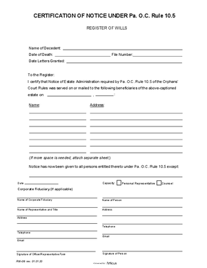 Thumbnail of Pennsylvania Form Certification Of Notice Under Pa. O.c. Rule 10.5 Eff 1 1 20