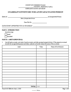 Thumbnail of Pennsylvania Form Guardian's Inventory For An Incapacitated Person - Effective July 1, 2018