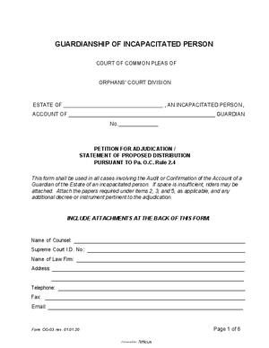 Thumbnail of Pennsylvania Form Guardianship Of Incapacitated Person: Petition For Adjudication/statement Of Proposed Distribution Pursuant To Pa. O.c. Rule 2.4 - Eff 1 1 20