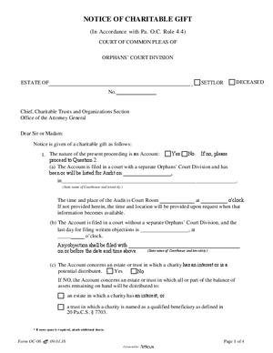 Thumbnail of Pennsylvania Form Notice Of Charitable Gift (In Accordance With Pa. O.c. Rule 4.4) Eff 09 01 16